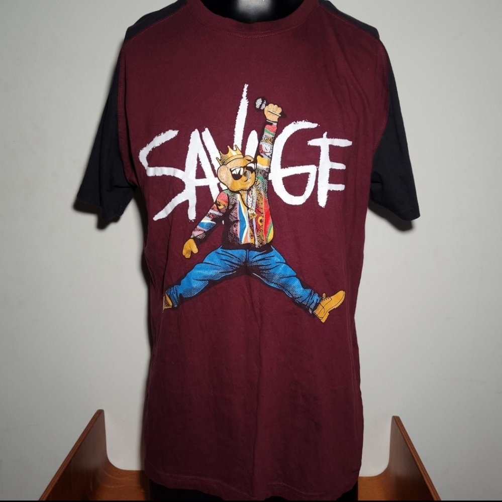 3Forty Savage Biggie Smalls Jordan Bear- XL Shirt-Maroon Black White-hypebeast,